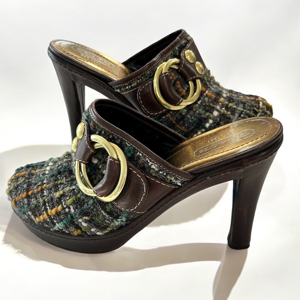 Vintage Coach Tweed Heeled Platform Mules